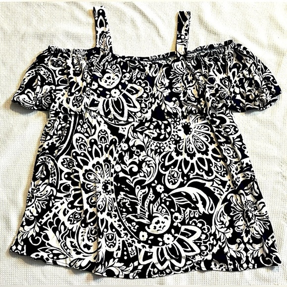 Jessica London Blue & White Floral Stretch Knit Cold Shoulder Top Size 22/24 - Picture 1 of 14